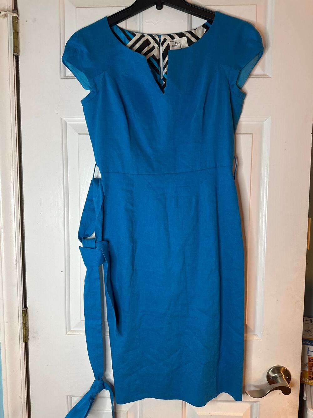 Milly Women's size 4 royal blue Linen/silk lining dress cap sleeve and tie waist